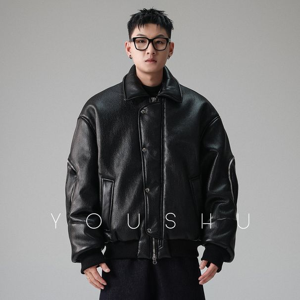 Yimai White Goose Zipper Sleeve Workwear Motorcycle Leather Down Jacket Men Winter New Retro Coat Trend_viptrois.com