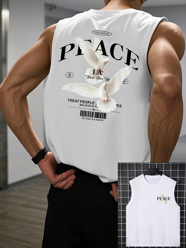 100% Pure Cotton Men's Summer Casual Sports Fitness Loose And Flat Dove Pattern Printed Breathable Round Neck Sleeveless Vest_viptrois.com