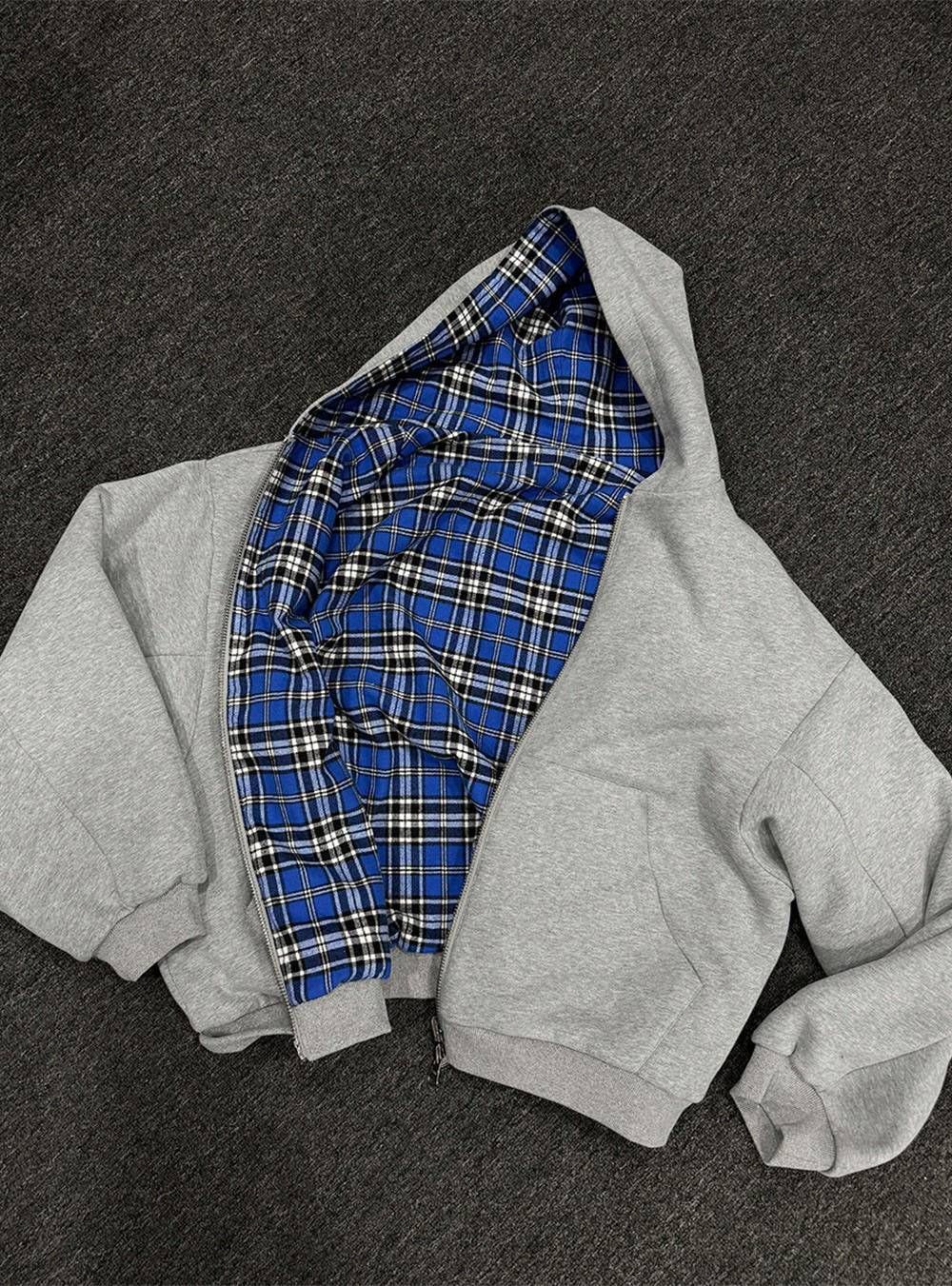 Minimalist Christmas-plaid, Dark-toned, Reversible Zip-up Sweatshirt Jacket_viptrois.com