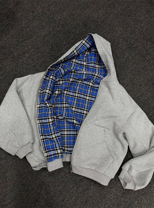 Minimalist Christmas-plaid, Dark-toned, Reversible Zip-up Sweatshirt Jacket_viptrois.com