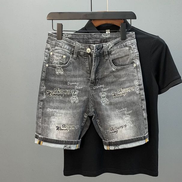 Men's Clothing Ripped Denim Shorts Men's Summer Thin Print Scraped Slim Fit Mid Length Pants VersatileStyle Trendy Five Point Pants_viptrois.com