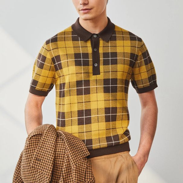 Men's Clothing European And American Men's Plaid Jacquard Knitted Polo Shirt Casual Business Tops BK0048_viptrois.com