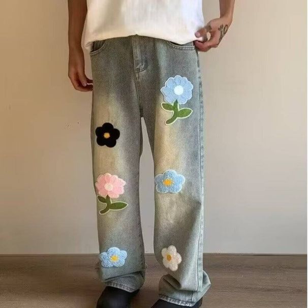 Men's Clothing Retro Tie Dye Towel Embroidery Flared Jeans Niche Design Loose Straight Vibe Trousers_viptrois.com