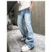 Vintage Washed Cracked Jeans For Men & Women – Relaxed Fit Light Blue Straight Leg High Street Casual Pants_viptrois.com