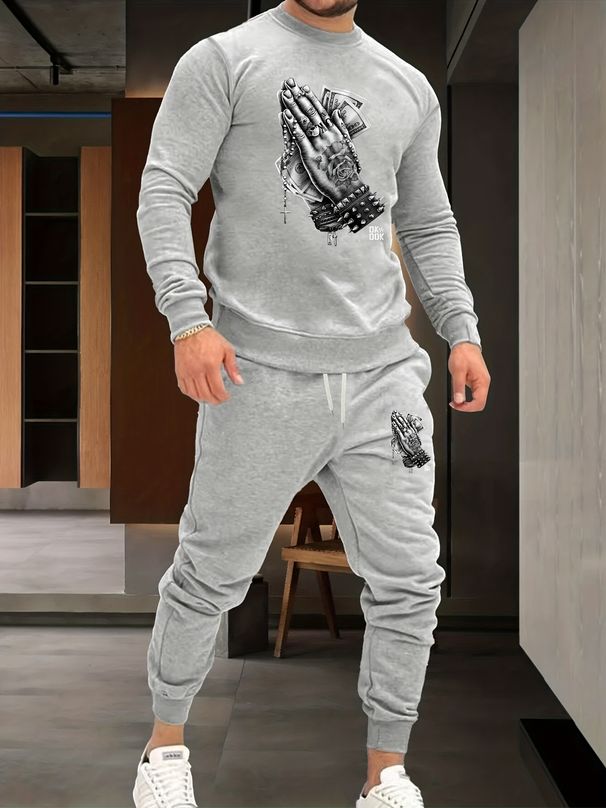 Men's Autumn And Winter Casual Warm Folded Hands Letter Various Print Loose Thick Velvet Round Neck Sports Shirt+sports Pants Set_viptrois.com
