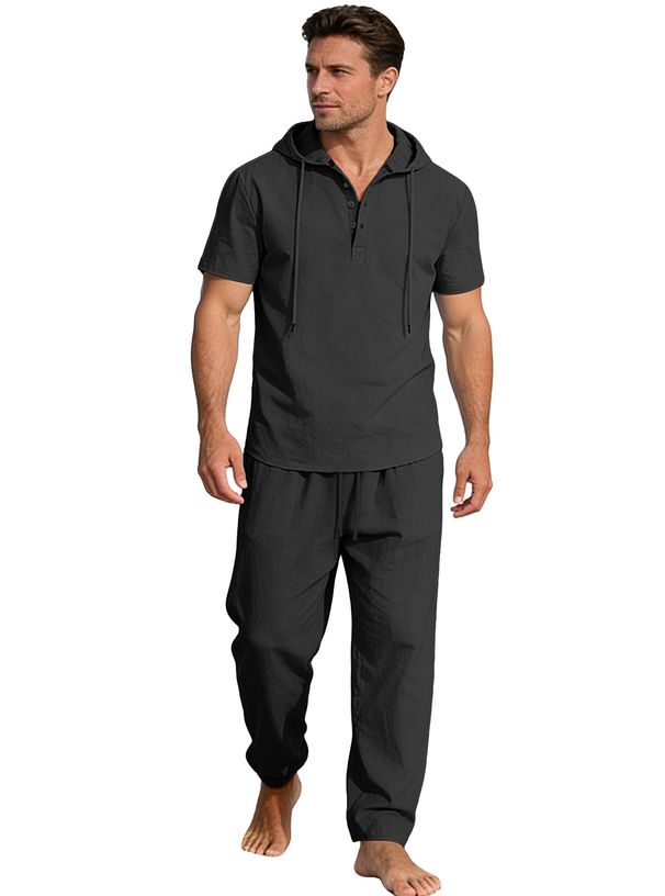 New Men's Spring-autumn Hooded Button-down Short-sleeved Shirt Plus Versatile Casual Long-sleeved Pants Set For Men_viptrois.com