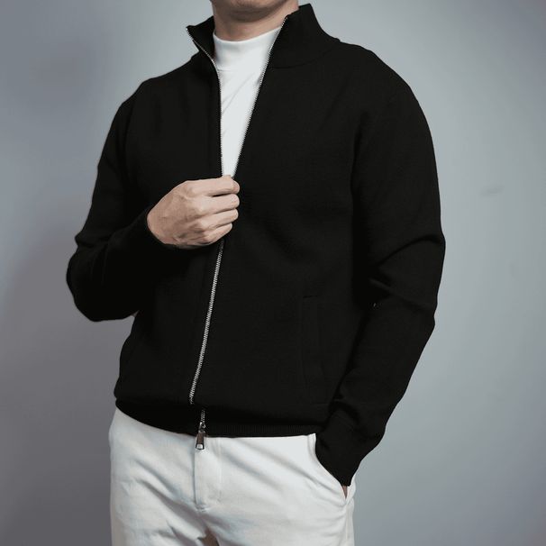 Men's Slim Fit Knit Cardigan Spring New Arrival Double Zipper Stand Collar Solid Color High End Comfortable Light Luxury Simple Outerwear_viptrois.com