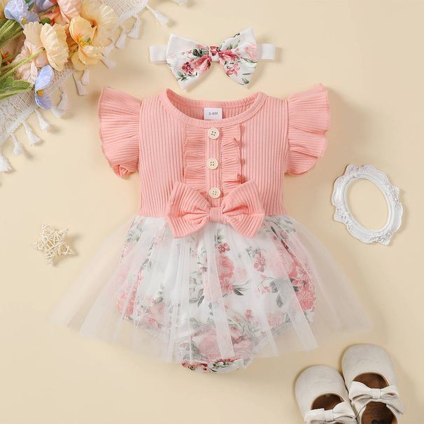 Kids' Clothing New Ins Hot Selling Baby Girl's Pit Stripe Top With Printed Mesh Triangle Jumpsuit_viptrois.com