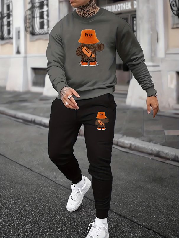 Men's Autumn And Winter Casual Warm Cartoon Bear Pattern Printed Loose Thick Velvet Round Neck Sports Shirt+sports Pants Set_viptrois.com