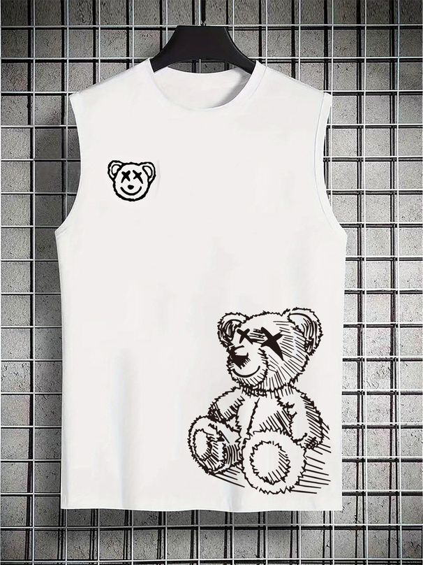 100% Pure Cotton Men's Summer Casual Sports Fitness Loose Bear Pattern Printed Breathable Round Neck Sleeveless Vest_viptrois.com