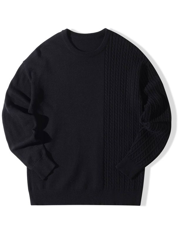 Men's Retro Black Cable Knit Sweater, American Street Style Loose Knit Pullover_viptrois.com
