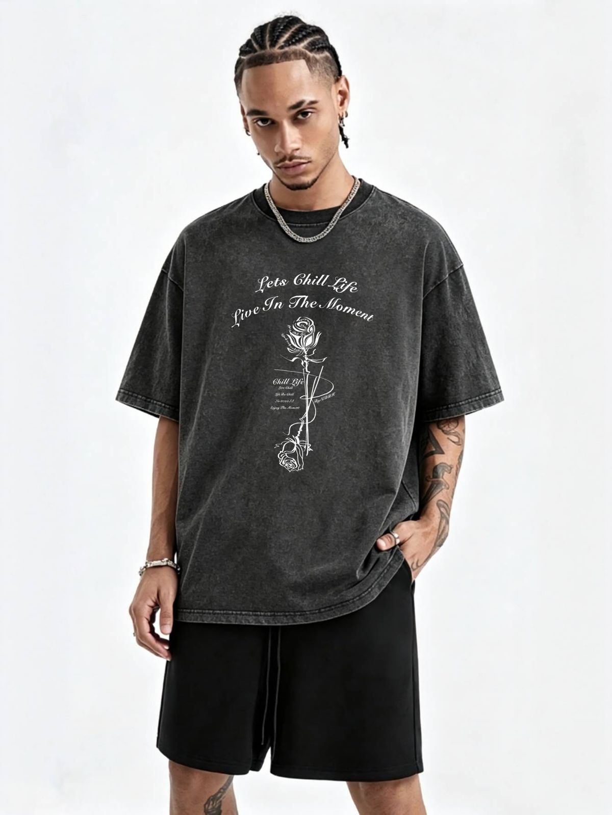 230g Washed Men Casual Tee White Rose Letter Print Short Sleeve Loose Daily Streetwear T-Shirt_viptrois.com