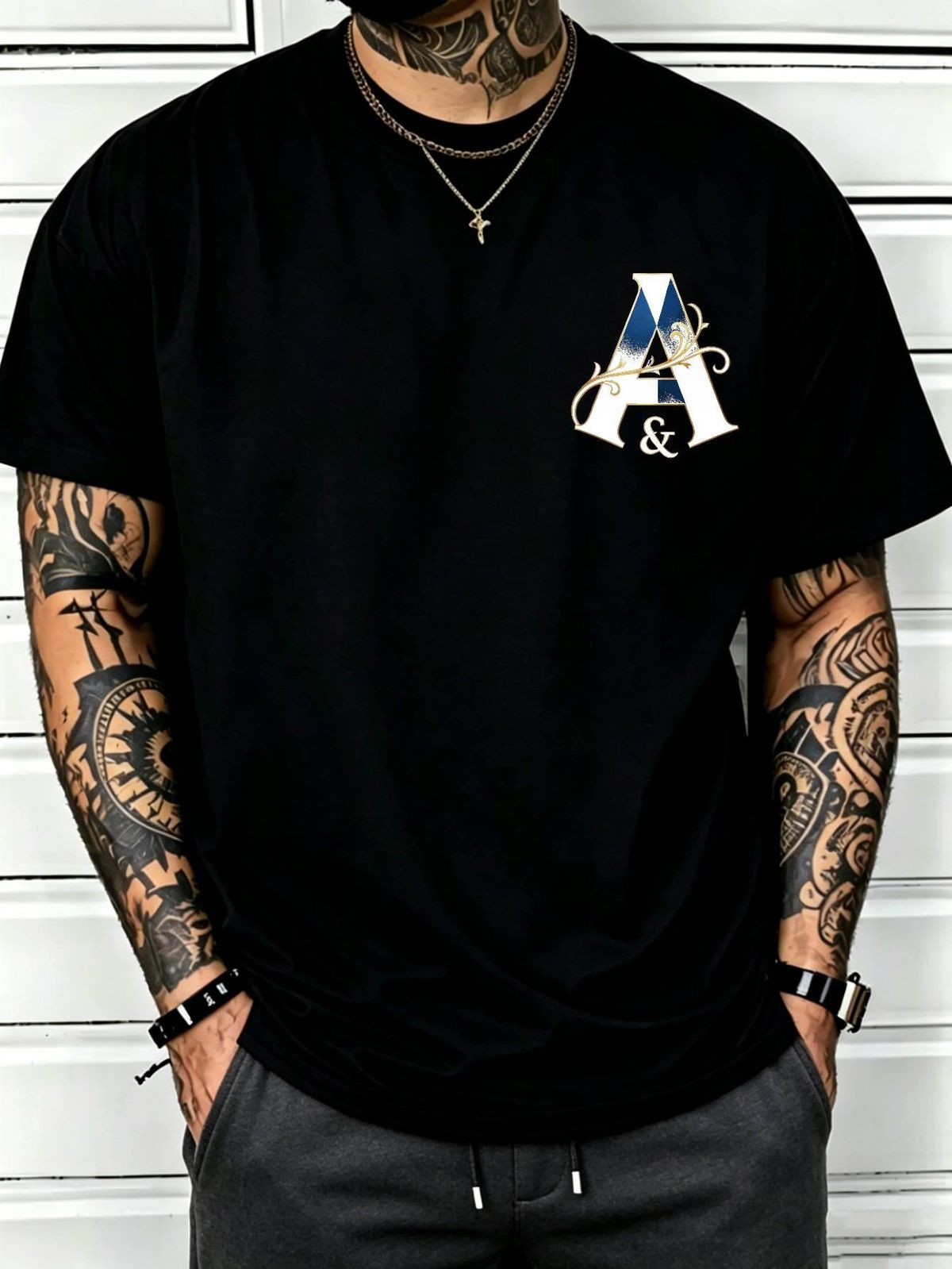 100% Cotton Men Casual T-shirt 3D Blue Diamond A Monogram With Floral Accent Print Crew Neck Short Sleeve Daily Streetwear Top_viptrois.com