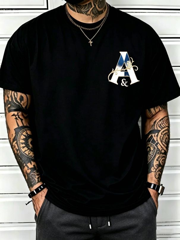 100% Cotton Men Casual T-shirt 3D Blue Diamond A Monogram With Floral Accent Print Crew Neck Short Sleeve Daily Streetwear Top_viptrois.com