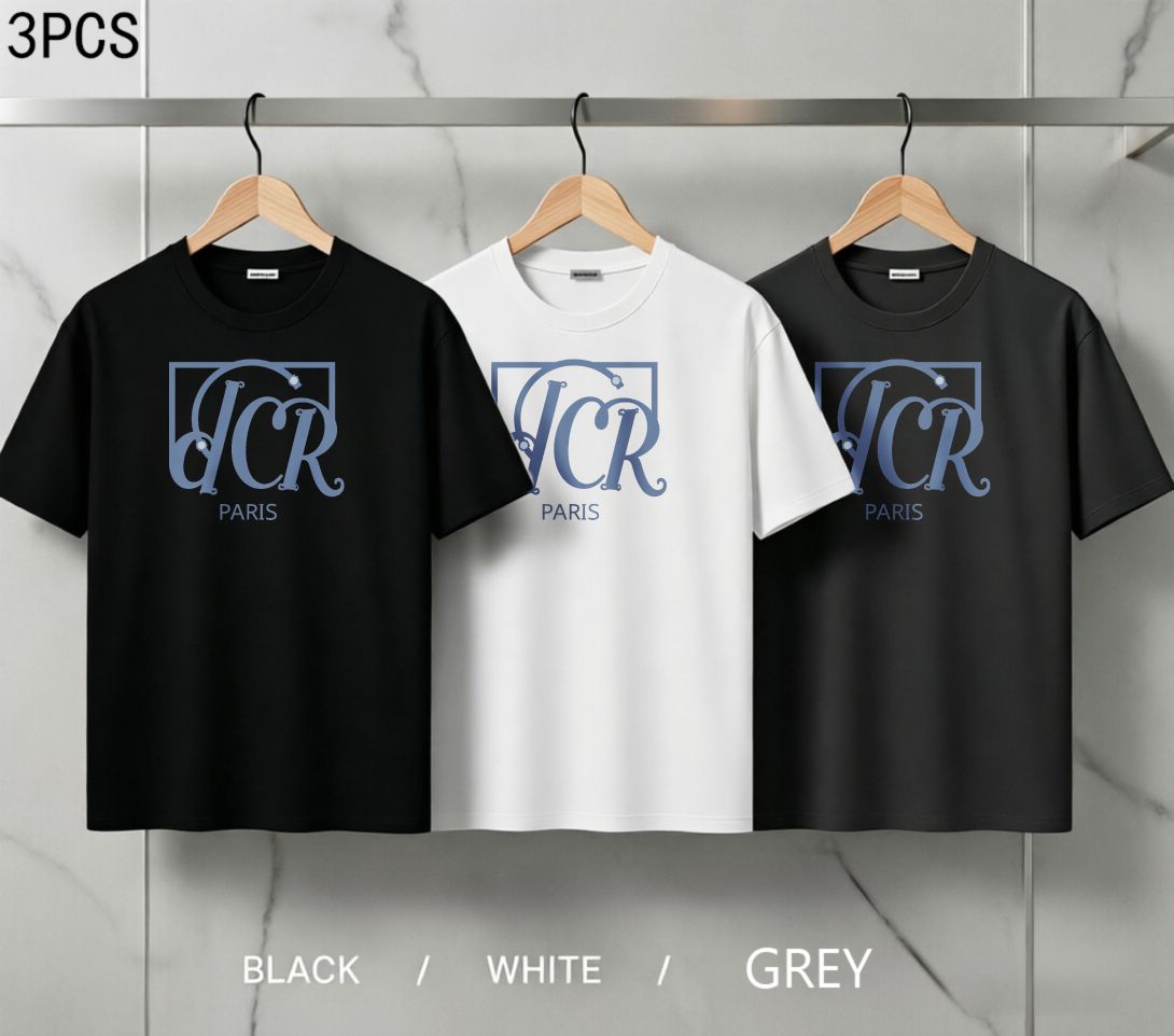 3 Pack Men's Oversized T-Shirts, 100% Cotton Crew Neck Casual Tees, Relaxed Fit Monogram & "Paris" Print Design, Black White Grey_viptrois.com