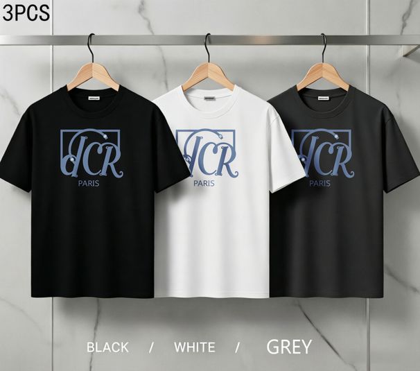 3 Pack Men's Oversized T-Shirts, 100% Cotton Crew Neck Casual Tees, Relaxed Fit Monogram & "Paris" Print Design, Black White Grey_viptrois.com