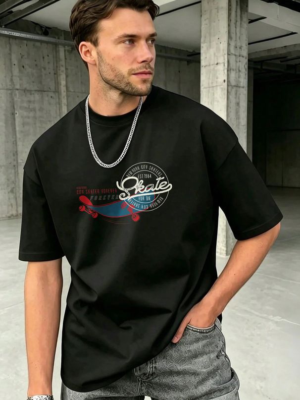 Streetwear Style Skate T Shirt With Graphic Design Cotton Blend Fabric For Men Casual Wear_viptrois.com