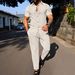 Men's Summer Solid Jacquard Short Sleeve Shirt & Pants Set - Lightweight Breathable Casual Outfit For Office & Travel_viptrois.com