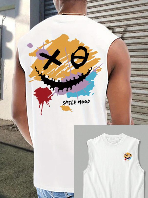 100% Pure Cotton Men's Summer Casual Sports Fitness Loose Smiling Face Pattern Printed Breathable Round Neck Sleeveless Vest_viptrois.com