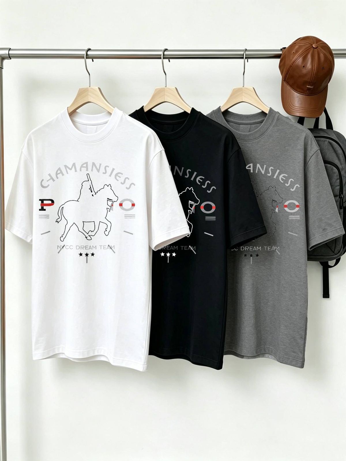 100% Cotton Men's 3-Pack T-shirts Polo Player Silhouette With Chamansiess Text Print Crew Neck Short Sleeve Casual Tops In Black White Gray_viptrois.com