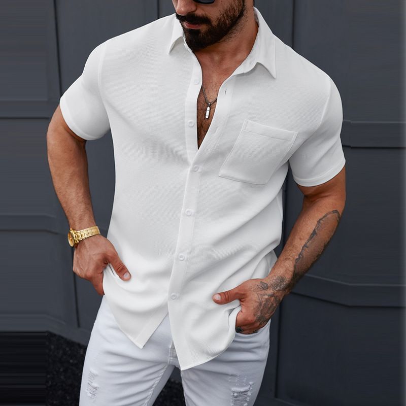 Men's Clothing Men's Casual Lapel Short Sleeved Shirt. Textured Waffle! A Must Have Breathable Shirt For Men_viptrois.com