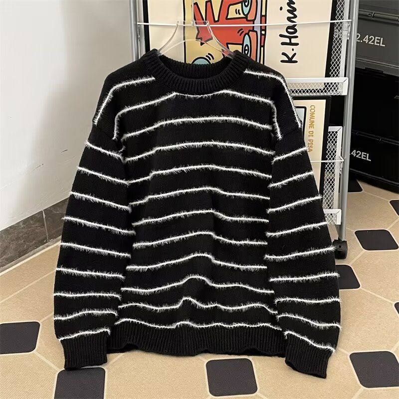Men's Striped Deer Print Sweater - Retro Vintage Knit Pullover, Unisex Oversized Casual Crewneck Long Sleeve Top For Fall Winter_viptrois.com