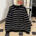 Men's Striped Deer Print Sweater - Retro Vintage Knit Pullover, Unisex Oversized Casual Crewneck Long Sleeve Top For Fall Winter_viptrois.com
