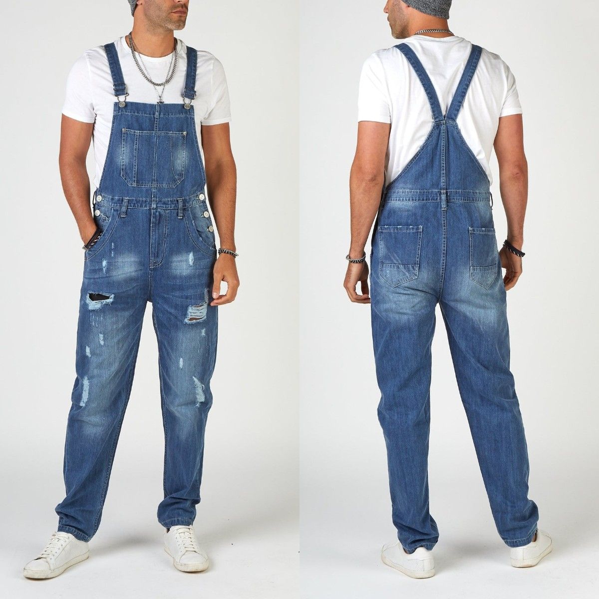 Man's clothing Street hipster ripped suspenders high-waisted men's jeans_viptrois.com