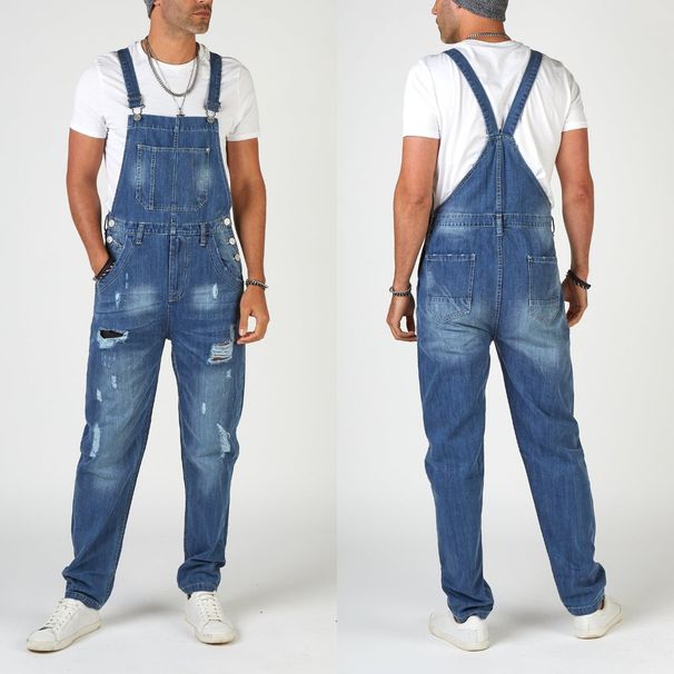 Man's clothing Street hipster ripped suspenders high-waisted men's jeans_viptrois.com