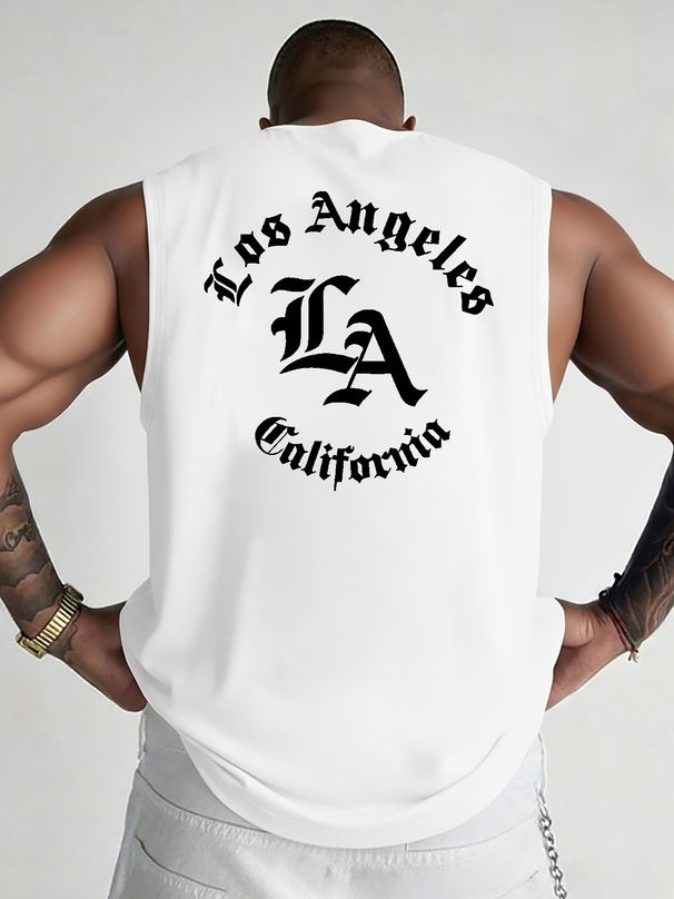 100% Pure Cotton Men's Summer Casual Sports Fitness Loose Los Angeles LA Letter Printed Breathable Round Neck Sleeveless Vest_viptrois.com
