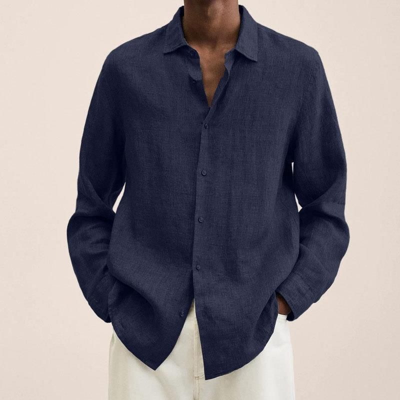 2026 Four Seasons Long-Sleeved V-Neck Casual Loose Buttoned Cotton-Linen Blouse Shirt For Men_viptrois.com