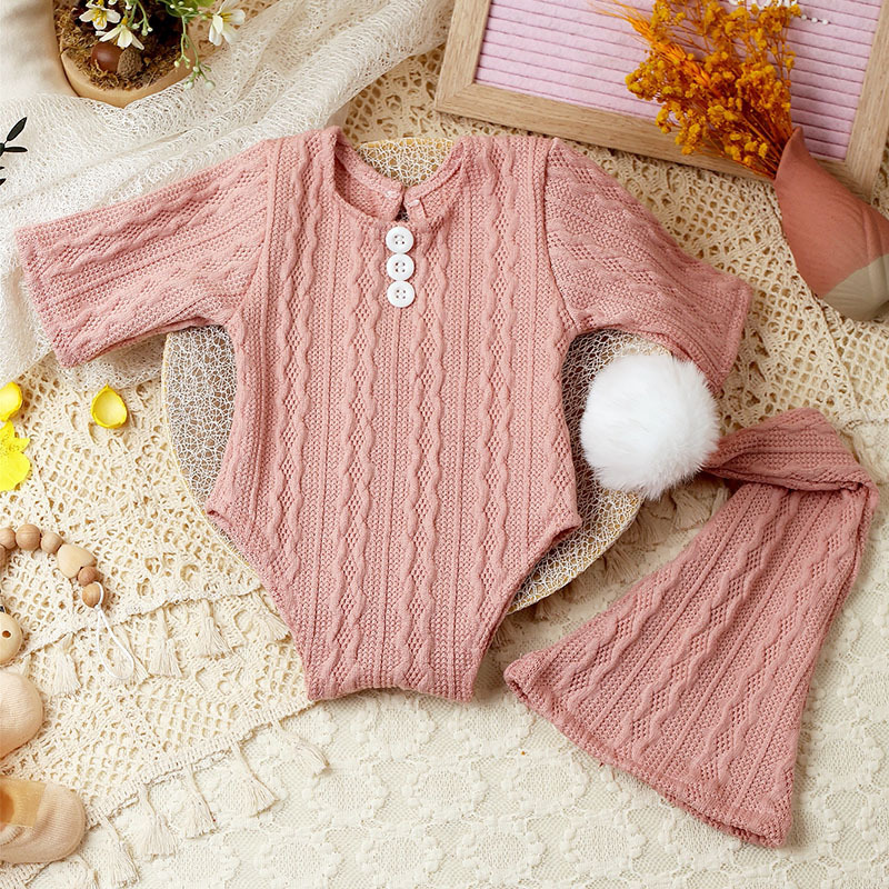 Ylsteed 2 Pieces Set Newborn Photo Shooting Clothes Knitting Baby Boy Jumpsuit with Pompom Hat Infant Photography Props_viptrois.com