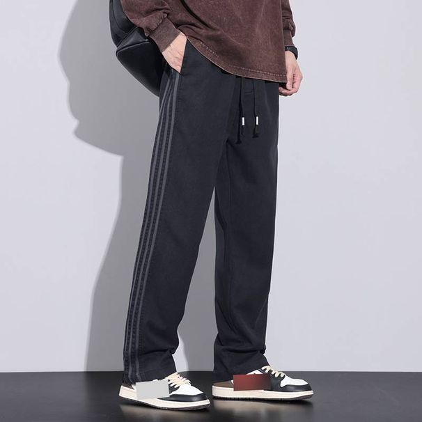 Retro Lyocell Striped Relaxed Fit Drawstring Pants For Men - Casual Loose Straight Leg Trousers With Elastic Waist (Black, Gray, Army Green)_viptrois.com