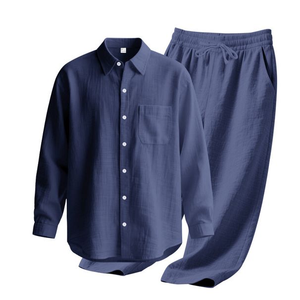 Men's New Linen Plain-color Collar Button-down Casual Long-sleeved Long Pants Men's Suit_viptrois.com