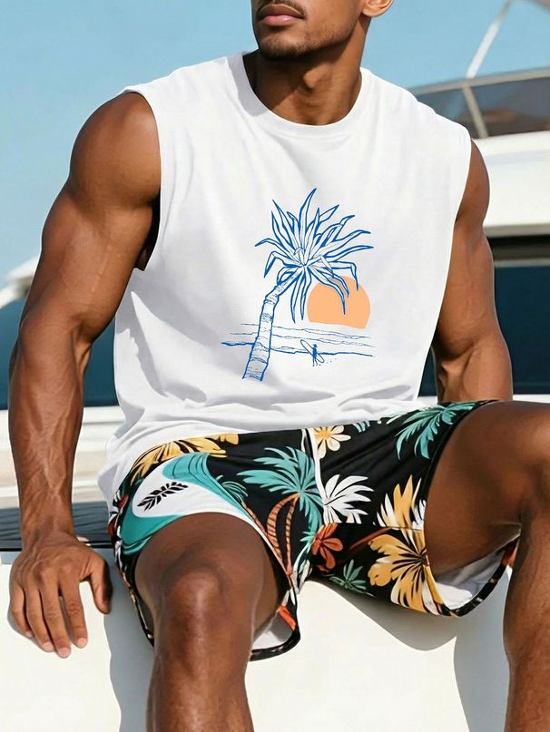 Canotta Uomo Girocollo 100% Cotone Stampa Palme Tramonto Leggera Traspirante Senza Maniche Palestra Casual Multicolore_viptrois.com