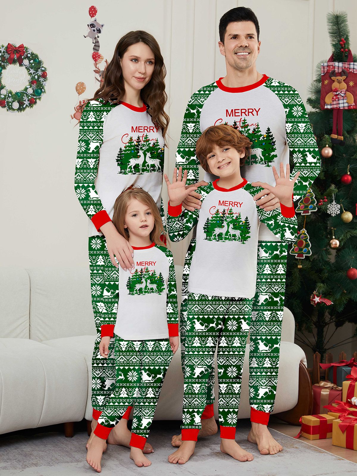 Christmas deer letter stripes Christmas family dress printed home wear pajamas_viptrois.com