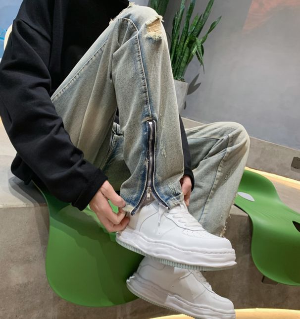 Men's Clothing Ripped Jeans For Men Niche Design High Street Vibe Trendy Brand American Summer Ins Zipper Pants For Men_viptrois.com
