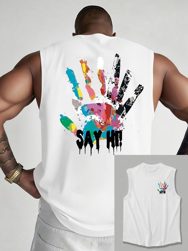 100% Pure Cotton Men's Summer Casual Sports Fitness Loose Color Handprint Pattern Printed Breathable Round Neck Sleeveless Vest_viptrois.com