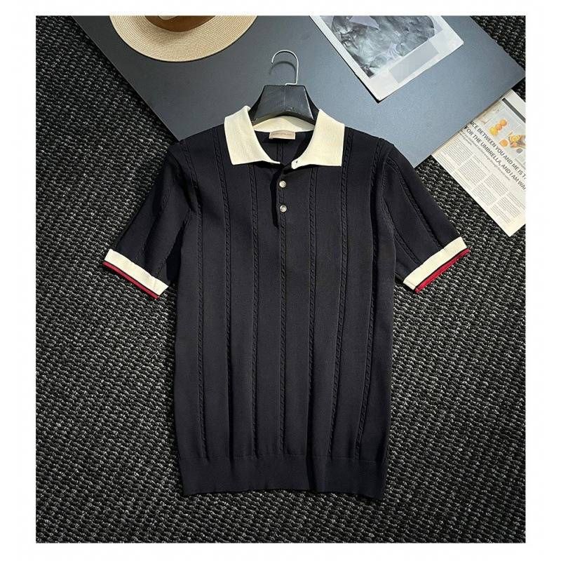 Men's Contrast Color Collar Polo Shirt Fashion Casual Striped Knit Top Breathable Summer Wear Versatile Striped Texture_viptrois.com