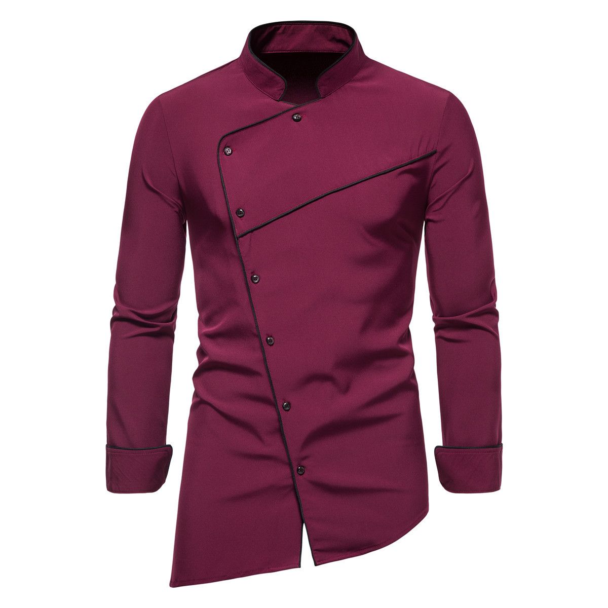 Men's Clothing Casual Stand Up Collar Color Matching Shirt Oblique Hem Long Sleeved Shirt_viptrois.com