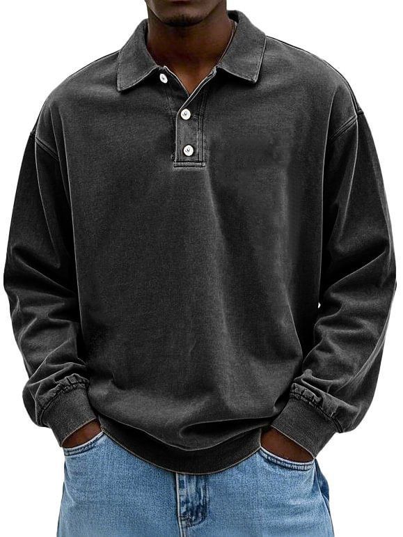 2026 European-USA Style Fashion Top Tee T-Shirt Men Lapel Half Button Pure Color Long Sleeve Casual Washing Do Old Vintage POLO Shirt S-5XL_viptrois.com