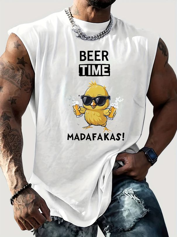 100% Pure Cotton Men's Summer Casual Sports Fitness Loose Beer Chicken Pattern Printed Breathable Round Neck Sleeveless Vest_viptrois.com