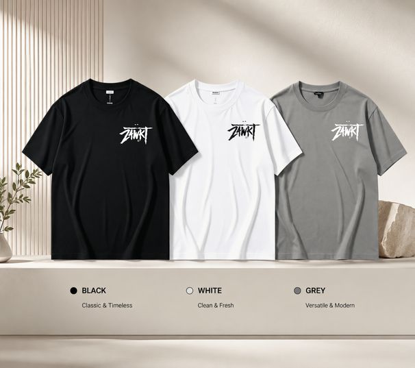3 Pack Premium Men's Rough Brush Graffiti ZAWKT Letter Printed T-Shirt, Pure Cotton Crew Neck Casual Tee Luxury Summer Essential Black White Grey_viptrois.com