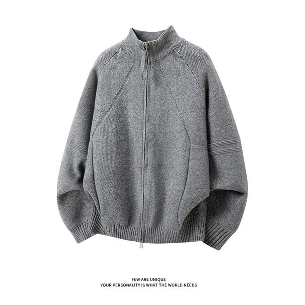 Heavyweight Stand Collar Double Zipper Knitted Cardigan Jacket For Men Spring And Autumn New High-end Youth Sweater_viptrois.com