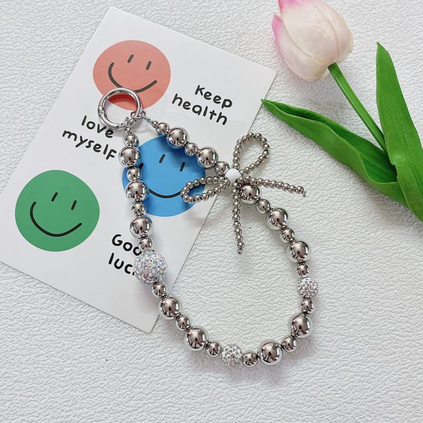 Light Luxury Style Electroplated Bow Inlaid Diamond Beads Mobile Phone Chain Student Bag Pendant_viptrois.com