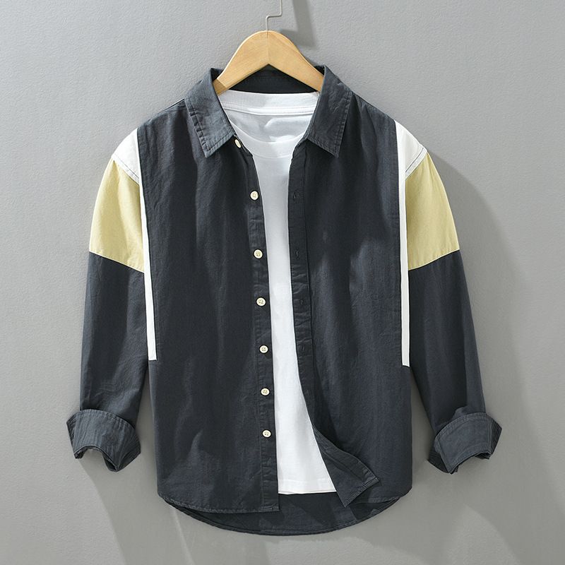 Spring And Autumn Shirt Men's Long Sleeve Collar Casual Splicing Color Contrasting Pure Cotton Versatile Fashion Shirt Coat_viptrois.com