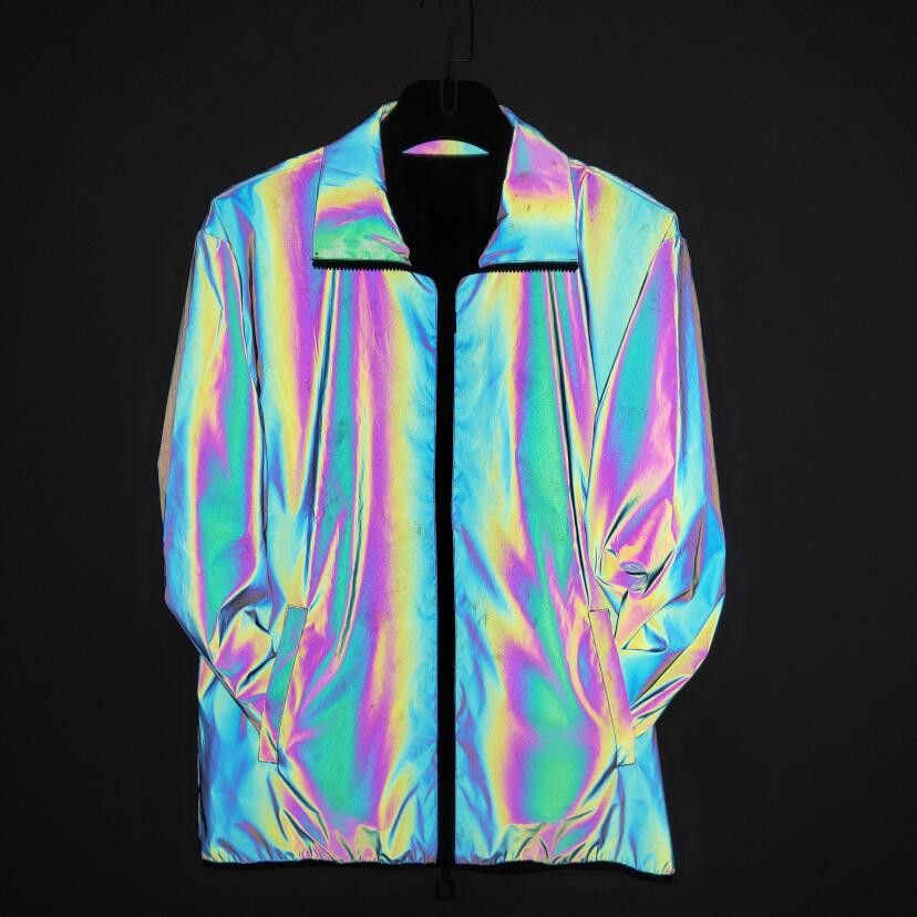 Men's Clothing Autumn and winter men and women colorful reflective lapel jacket nightclub trend colorful luminous windbreaker outdoor leisure jacket_viptrois.com