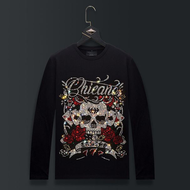 Men's Clothing Long Sleeved T Shirt Men's Spring And Autumn Round Neck New Bottoming Shirt Thin Top Hot Diamond Skull_viptrois.com