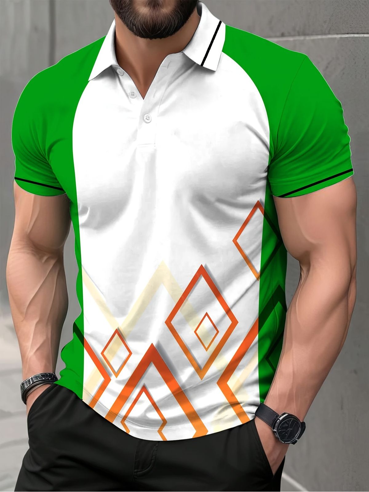 Men's Clothing Irregular Geometric Pattern Fashion Short Sleeved Button Lapel Shirt_viptrois.com