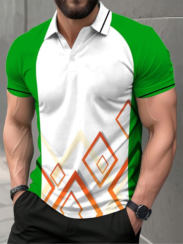Men's Clothing Irregular Geometric Pattern Fashion Short Sleeved Button Lapel Shirt_viptrois.com